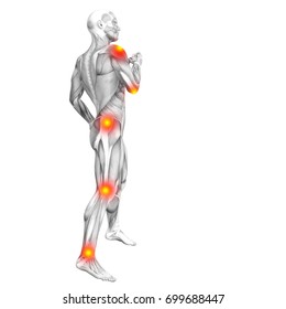 Conceptual human muscle anatomy with red and yellow hot spot inflammation or articular joint pain for health care therapy or sport concepts. 3D illustration man arthritis or bone osteoporosis disease