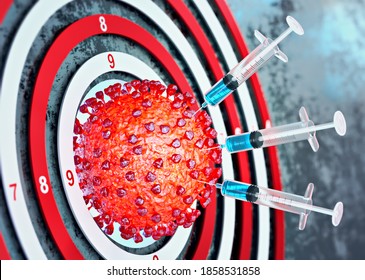 Conceptual idea of a dart game for the find of a vaccine against the COVID-19. 3d illustration