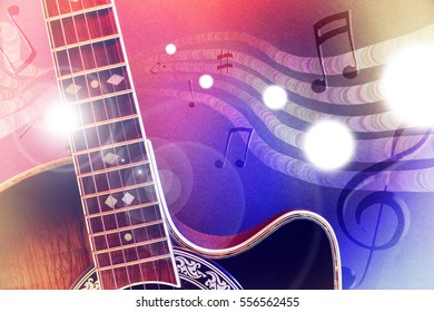 Conceptual illustration acoustic guitar music with flying notes, brightness and red and blue lights. Front view. Horizontal composition. - Powered by Shutterstock