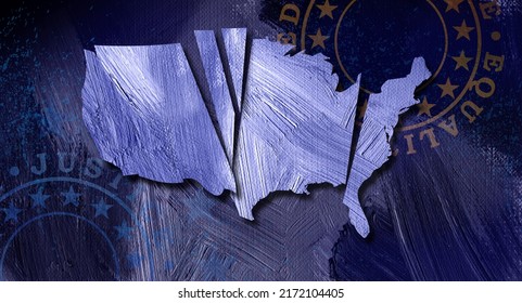 Conceptual Illustration Of American Map In Sliced Pieces Falling Apart. Art Depicts A Nation's Struggle To Stay United Through Complicated Challenges Of The Times. For Political And Social Themes.