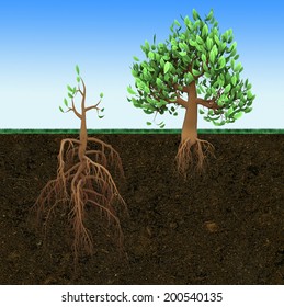 Conceptual Illustration. Big Tree With Small Roots And Little  Tree With Large Roots