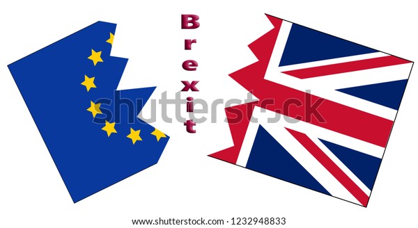 A conceptual illustration of Brexit\
with EU and UK flags ripped apart by the word\
Brexit