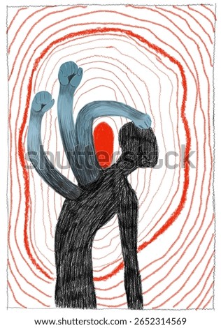 A conceptual illustration expressing complex negative emotions through abstract human figures and metaphorical visual symbols. Suitable for mental health, psychology, and emotional awareness themes.