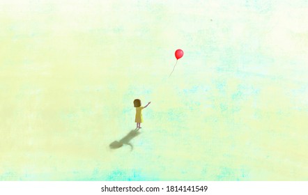 Conceptual illustration, girl alone with red balloon, surreal artwork, painting, loneliness concept