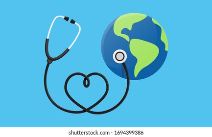 Conceptual Illustration Of A Heart Earth World Globe With A Stethoscope Wrapped Around It. World Health Day. Illustration