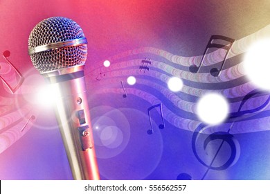 Conceptual illustration microphone with flying notes, brightness and red and blue lights. Front view. Horizontal composition. - Powered by Shutterstock