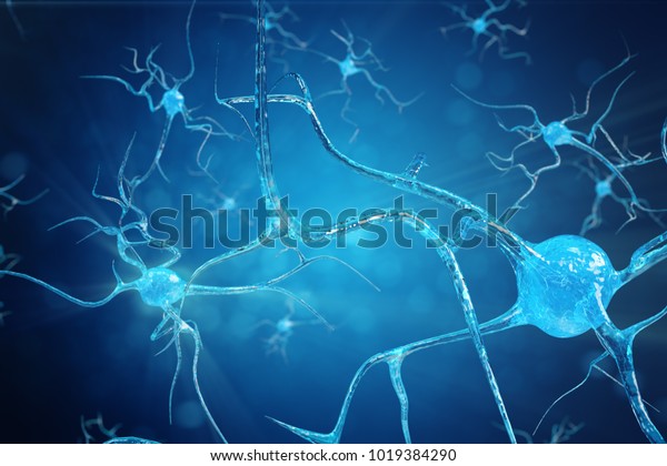 Conceptual illustration of neuron cells with\
glowing link knots. Synapse and Neuron cells sending electrical\
chemical signals. Neuron of Interconnected neurons with electrical\
pulses. 3D\
illustration