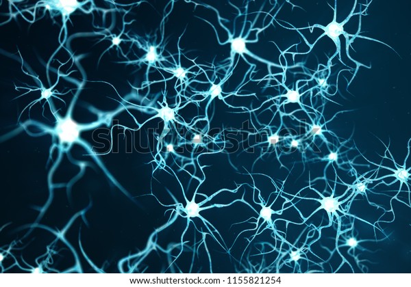 輝くリンクノットを持つニューロン細胞のコンセプト図 フォーカス効果を持つ脳のニューロン 電気化学信号を送るシナプスとニューロン細胞 3dイラスト の イラスト素材