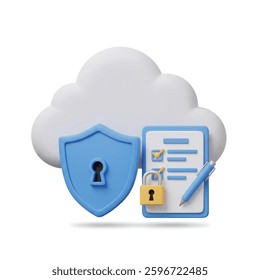 Conceptual illustration showing cloud computing, shield protection, padlock, and document compliance for digital security solutions Use for cybersecurity or secure cloud service ads.