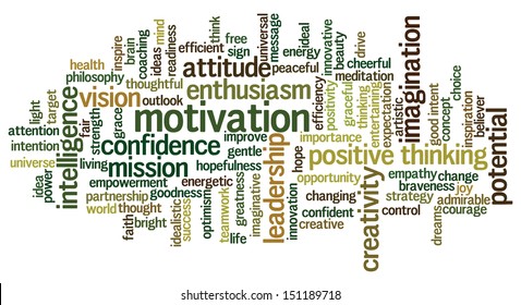 Conceptual Illustration Of Tag Cloud Containing Words Related To Creativity, Positive Thinking, Confidence, Enthusiasm, Imagination, Inspiration, Potential, Optimism, Motivation. Vector Also Available