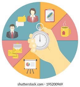 Conceptual illustration of the time management with a stopwatch in a hand and working activity symbols