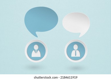 Conceptual Image About Communication, Command, Correspondence, Share Idea And Social Media, Two Blank White And Blue Speech Bubble, Manager And Man Paper Cut On Grunge Blue Paper Background 