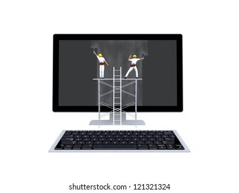 Conceptual image of computer maintenance with engineers cleaning out the dirt on  monitor. Isolated in white.