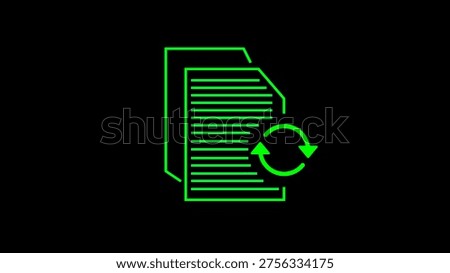 Conceptual image of data synchronization represented by green documents and circular arrows against a black background for digital communication and process management
