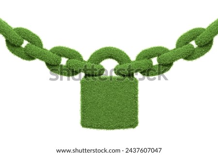 A conceptual image featuring a chain and padlock covered in green grass, representing security and eco-friendliness on a white background. 3D Render illustration