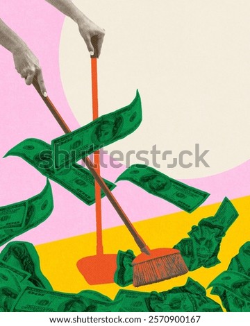 Conceptual image of hand using broom and dustpan to sweep dollar bills, symbolizing financial clean-up and economic waste. Concept of inflation, finances, economic loss