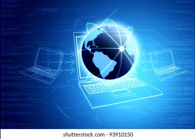 Conceptual image for internet and information technology. Illustrated with a globe and laptop computers sharing information