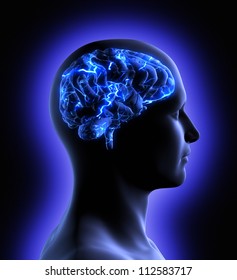 Conceptual Image Of A Man From Side Profile Showing Brain And Brain Activity.