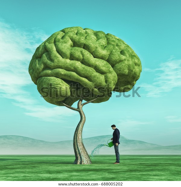 大きな木の形をした人の脳を緑の野に吹きかける人のコンセプト的なイメージ これは3dレンダリングイラストです のイラスト素材