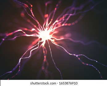 Conceptual image of a neuron energized with electric charge. Concept of science and research of the human brain, 3D illustration.