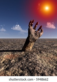 A conceptual image of a stone hand reaching out of the ground in a barren unfertile landscape.