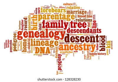 Conceptual Image Of Tag Cloud Containing Words Related To Genealogy And Family History Research In The Form Of A Tree Also Available As Vector.