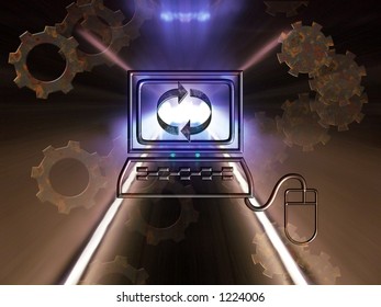  Conceptual image that illustrates technology age . Tunnel of light in center of computer as symbol of speed and progress in new technologies .