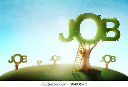 Conceptual Job Market Illustration. Trees and Ladders on an Outdoor Scene Drawing.