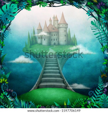 Conceptual magic background with  castle in the clouds on  small island. 