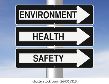 Conceptual one way street signs indicating Environment, Health and Safety 