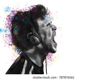 Conceptual Painting Of A Man In Profile, Listen To Music On Headphones And Shout – On White Background