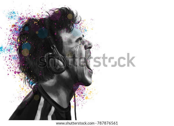プロフィール中の男性のコンセプト的な絵 ヘッドフォンで音楽を聴き 叫び 白い背景 のイラスト素材