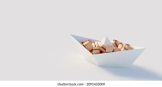Conceptual paper ship loaded with many cartons; logistics industry and transportation concepts, original 3d rendering