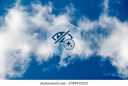 Conceptual representation of hidden AI technology, featuring a stylized eye icon with a strikethrough and sparkling stars inside a glass hexagon floating against a bright blue sky. This visualization symbolizes the invisible, clean nature of artificial intelligence, highlighting how ai models operate beneath the surface to optimize digital experiences with precision, clarity, and innovation. A futuristic design for modern technology concepts.