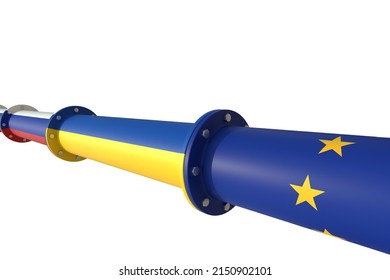 Conceptual Representation Of A Pipeline For Transporting Combustible Hydrocarbons Connecting The Russian Federation, Ukraine And The European Union. 3D Illustration.  Isolated On A White Background.