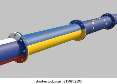 Conceptual Representation Of A Pipeline For Transporting Combustible Hydrocarbons Connecting The Russian Federation, Ukraine And The European Union. 3D Illustration. Isolated On Light Grey Background.