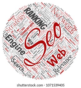 Conceptual search results engine optimization top rank seo round circle red online internet word cloud text isolated on background. Marketing strategy web page content relevance network concept