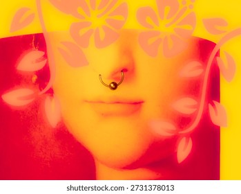 Conceptual self made digital collage of a female face with pink leaves and a nose piercing