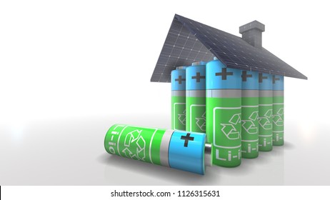 Conceptual Self Sufficient Off The Grid Home Powered By Photovoltaic Solar Panel With Battery Storage For Green Clean Renewable Energy 3D Render Graphic