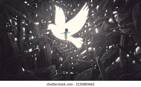 Conceptual surreal art of peace, war and hope. Painting 3d illustration of a girl and pigeon light in broken building. Concept artwork. freedom of child.