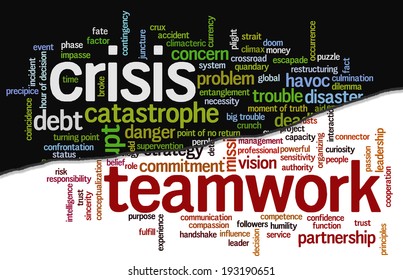 Conceptual Tag Cloud Containing Words Related To Crisis And Trouble Opposed To Strategy, Leadership, Business, Innovation, Success, Motivation, Vision, Mission And Teamwork.