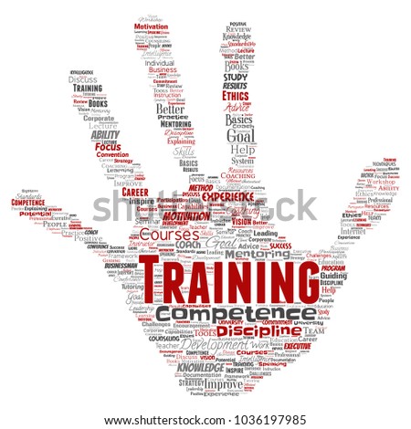 Conceptual training, coaching or learning, study hand print stamp word cloud isolated on background. Collage of mentoring, development, motivation skills, career, potential goals or competence