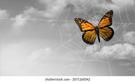 Conceptual trapped concept or Danger and risk as a business idea of feeling imprisoned and fear or despair as a butterfly caught in a spider web in a 3D illustration style.