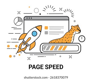Conceptual vector illustration symbolizing website page speed and performance optimization. Features a browser window, a rocket taking off, a cheetah, and a loading bar to visually represent fast load