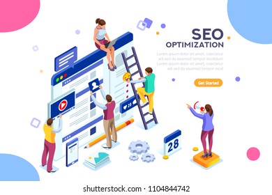 Conceptual Web Seo Illustration. Landing Page For Stylish Website. Teamwork Project, Web Agency Or Male Young Employee And New Company Project. Sticker For Web Banner. Flat Isometric Images.