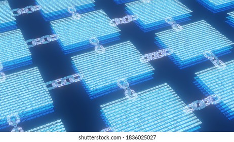 Conceptualization of block chain technology with binary code blocks and nodes connected with digital chains used for smart contracts and ledgers
