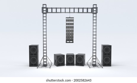 Concert Hall Stage,small,large,multiple Speakers,sound Systems On White Background 3 D Rendering