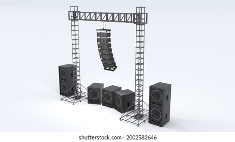 Concert Hall Stage,small,large,multiple Speakers,sound Systems On White Background 3 D Rendering