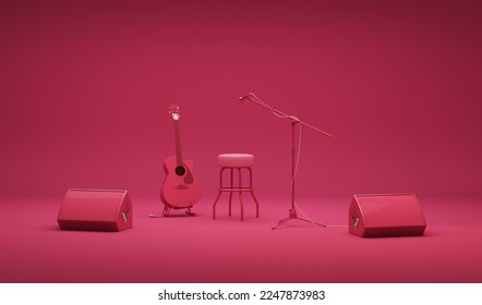 Concert stage with guitar, microphone and speakers on dark pink background in viva magenta colors. Minimalism concept. Music application Concept.3D render. - Powered by Shutterstock