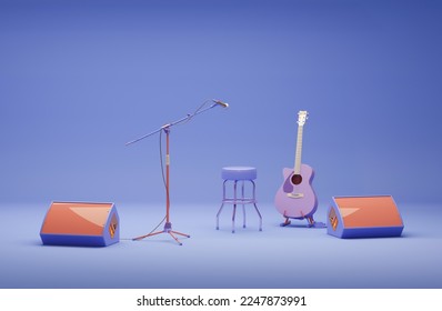 Concert stage with guitar, microphone and speakers on purple blue background in yellow colors. Minimalism concept. Music application Concept.3D render. - Powered by Shutterstock